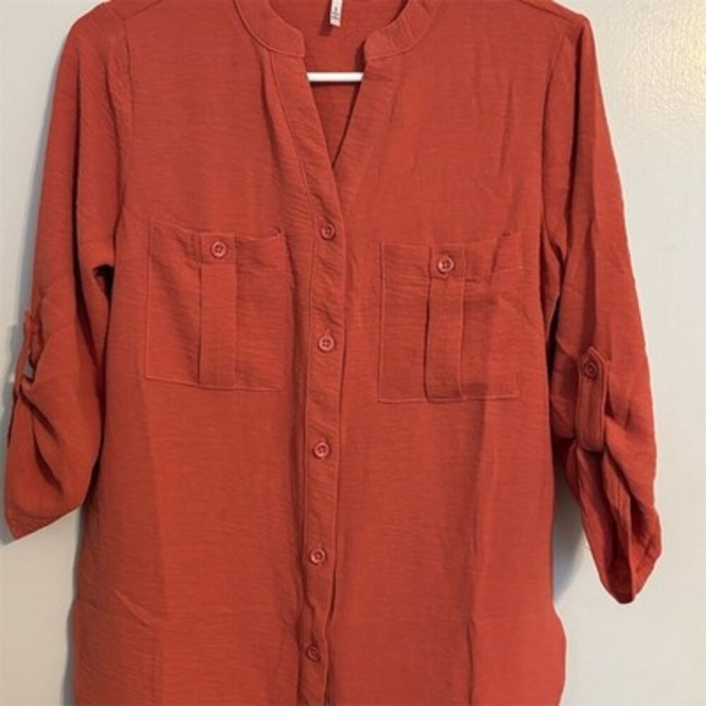 Laura Blouse Womens Size S Rust Orange Button Front Utility Roll Tab